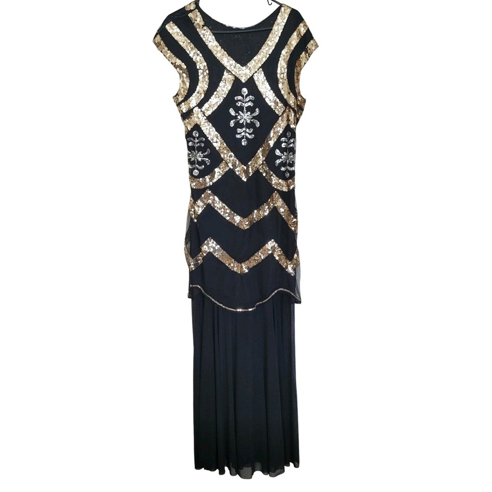XXL Black Gold Mesh Gown Long Formal Dress Sequin Beaded Geometric Gatsby